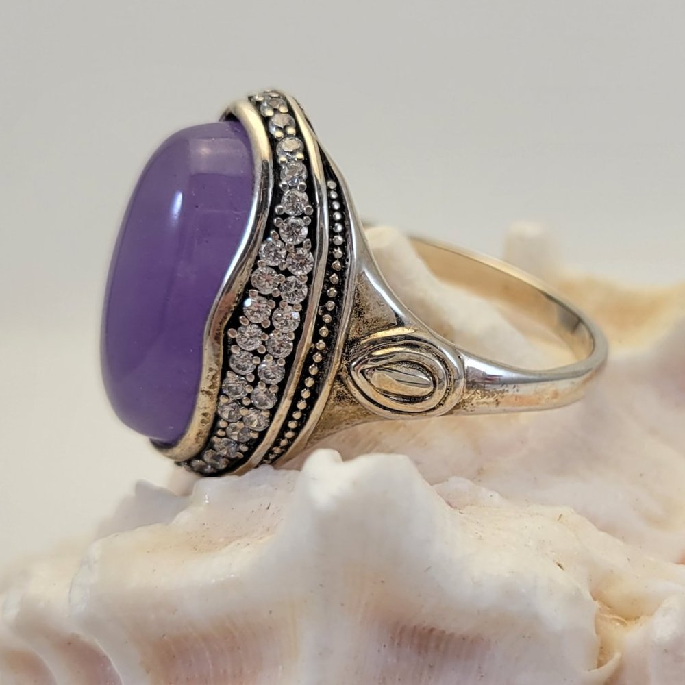 Chunky Sterling Silver Cabochon Lavender Jade And Faceted Crystal Ring Size 11.5